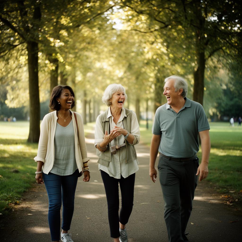 A diverse group of happy friends walking together in a sunny leafy park, laughing and enjoying an active lifestyle