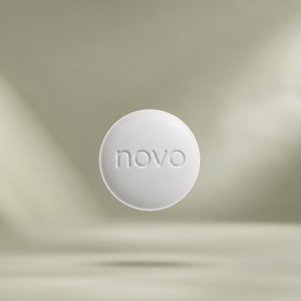 A white Wegovy oral tablet embossed with the word novo, suspended against a soft sage background