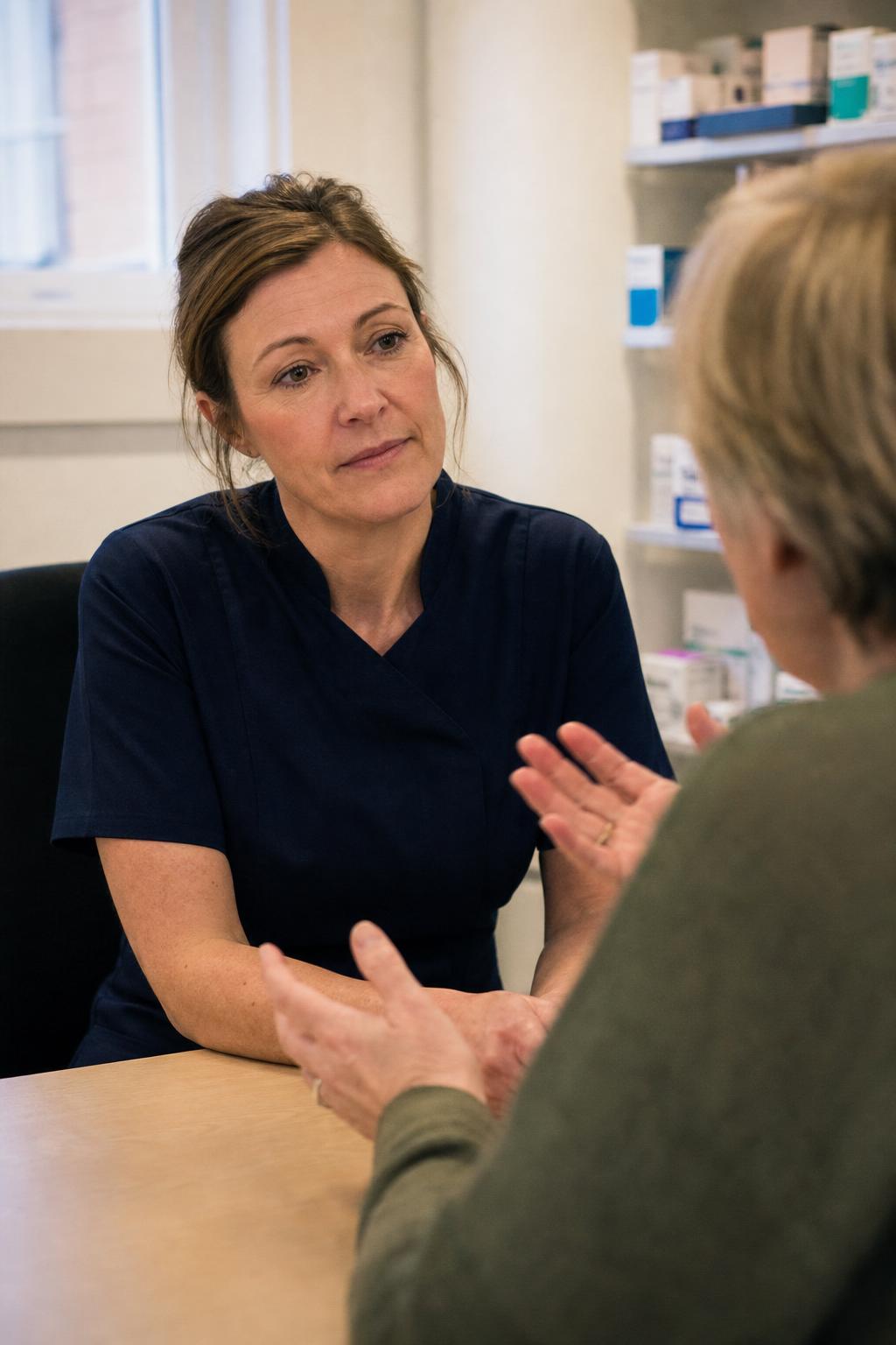 A pharmacist speaking with a patient in a private consultation room
