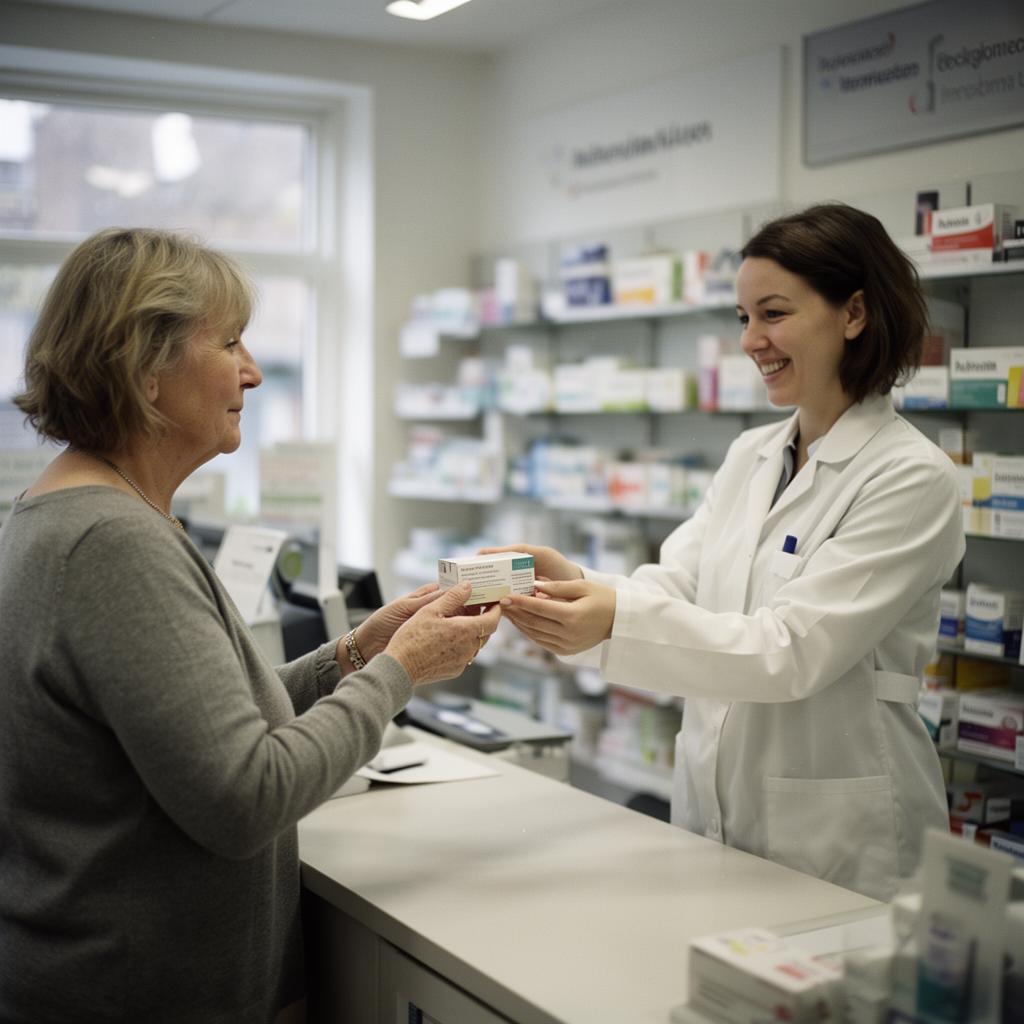 A friendly female pharmacist handing medication to a customer across a modern white counter in a bright pharmacy