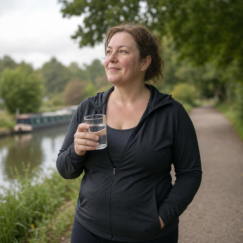 A British adult in activewear outdoors on a weight-loss journey, holding a glass of water after taking their tablet, looking inspired