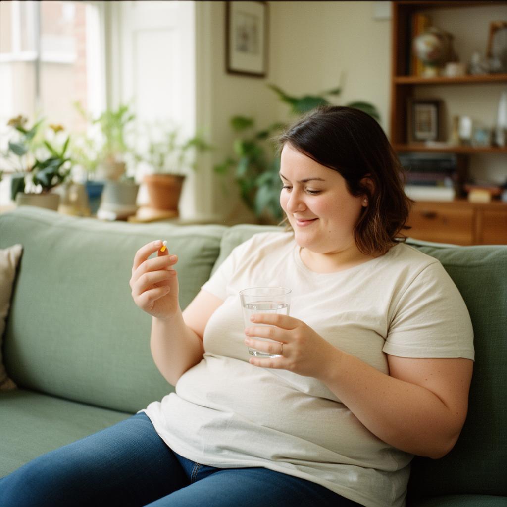 A calm young woman sitting on a modern sage sofa at home, holding a glass of water and a medication tablet